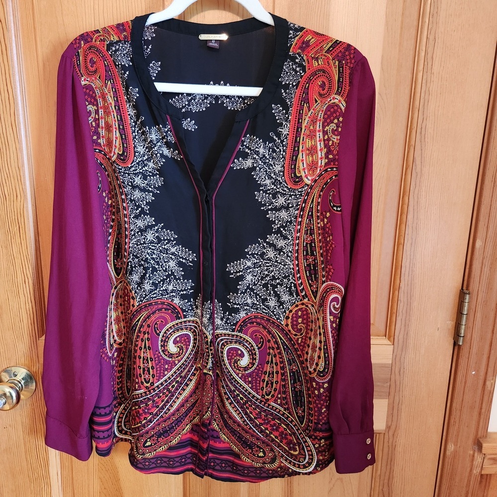 Dana Buchman Women's Size 12 Rich Magenta Paisley Print Long‎ Sleeve Blouse Top